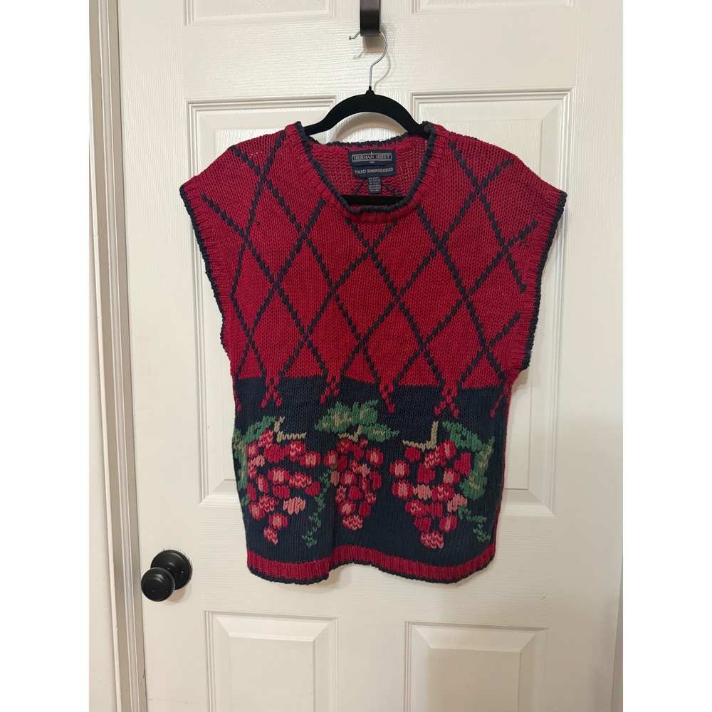 Herman Geist Vintage Hand Embroidered Grape Sweater Vest Red Navy‎ Linen Blend M